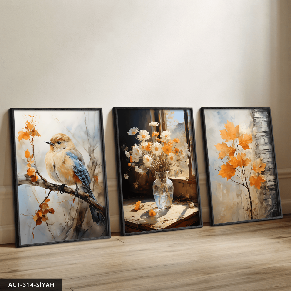 Vazoda Papatya ve Kuş 3 Parça Ahşap Çerçeveli Tablo ACT Siyah - 40 x 60 CM