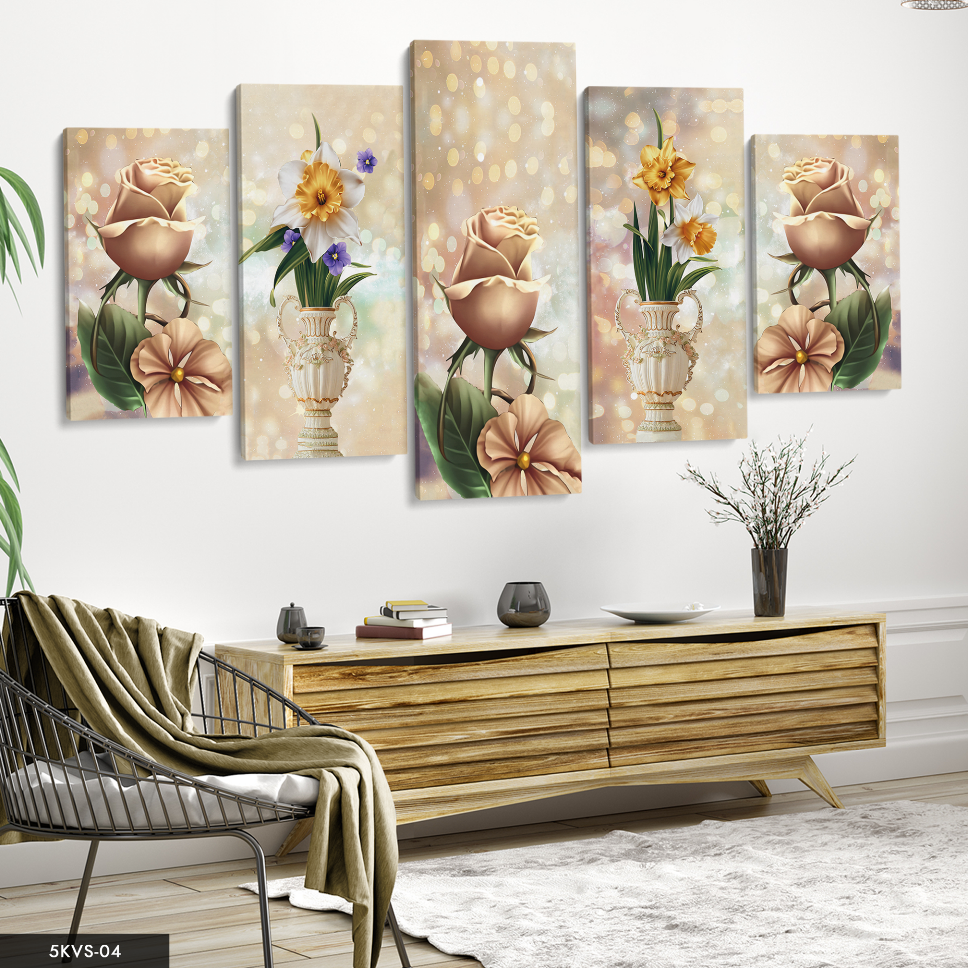 Vazo Çiçekler 5 Parça Kanvas - Canvas Tablo 70 x 125 CM