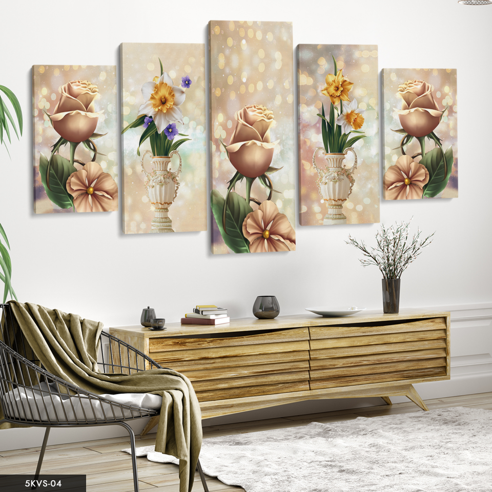 Vazo Çiçekler 5 Parça Kanvas - Canvas Tablo 70 x 125 CM