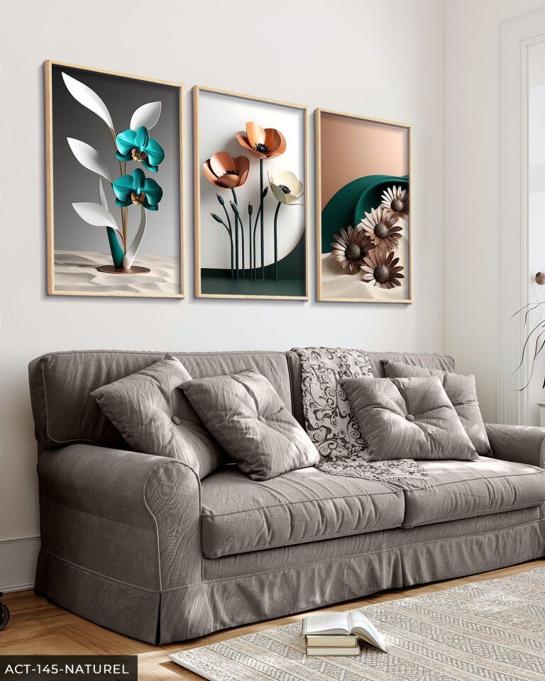 Zarif Mavi ve Pembe Çiçekler 3 Parça Ahşap Çerçeveli Tablo ACT Naturel - 40 x 60 CM
