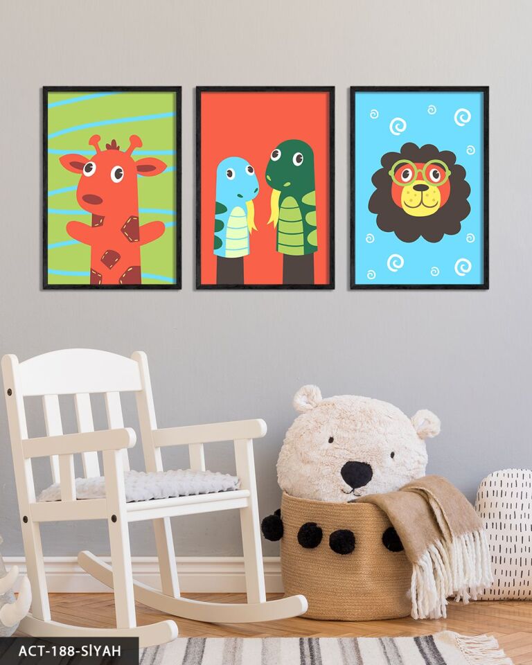 Hayvan Temalı Çocuk Odası 3 Parça Ahşap Çerçeveli Tablo ACT Siyah - 50 x 70 CM