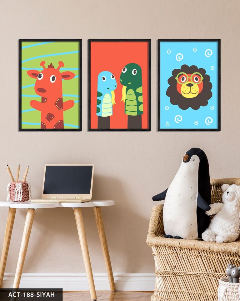 Hayvan Temalı Çocuk Odası 3 Parça Ahşap Çerçeveli Tablo ACT Siyah - 50 x 70 CM