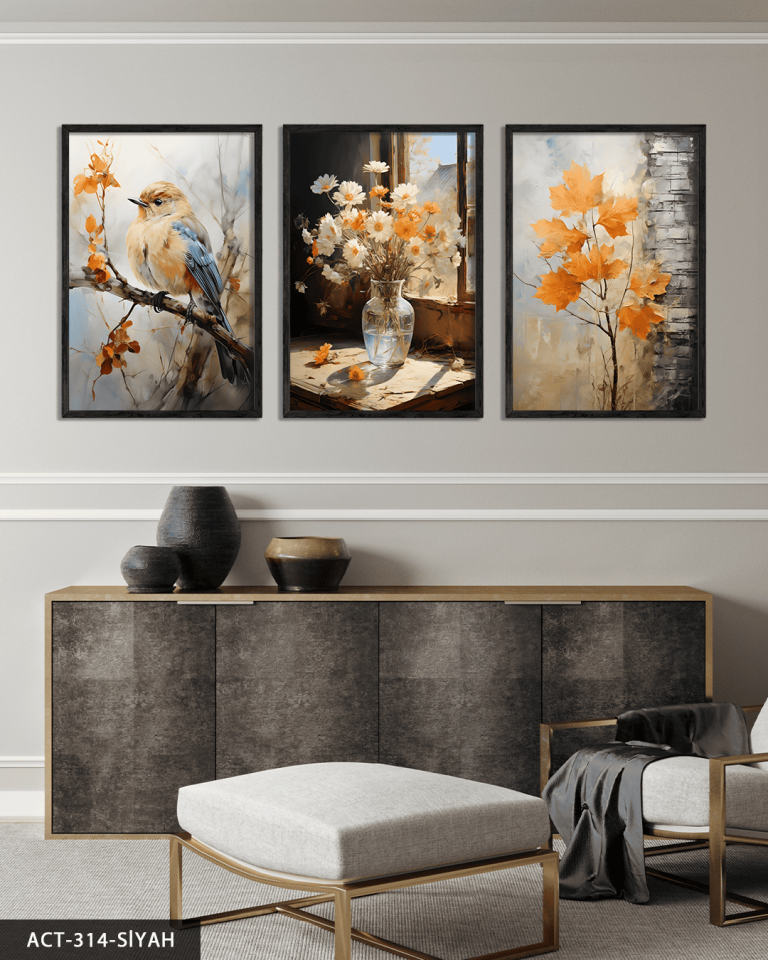 Vazoda Papatya ve Kuş 3 Parça Ahşap Çerçeveli Tablo ACT Siyah - 50 x 70 CM