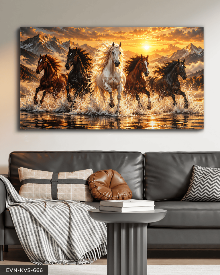 Dağ Manzaralı Koşan Atlar Ve Gündoğumu Tek Parça Işıksız Kanvas - Canvas Tablo