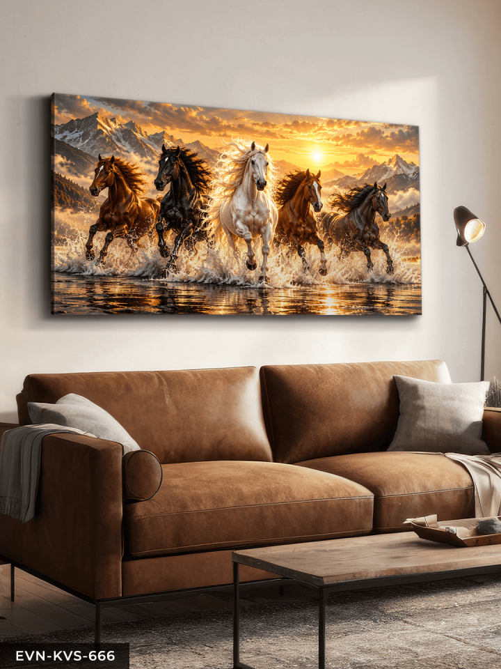 Dağ Manzaralı Koşan Atlar Ve Gündoğumu Tek Parça Işıksız Kanvas - Canvas Tablo