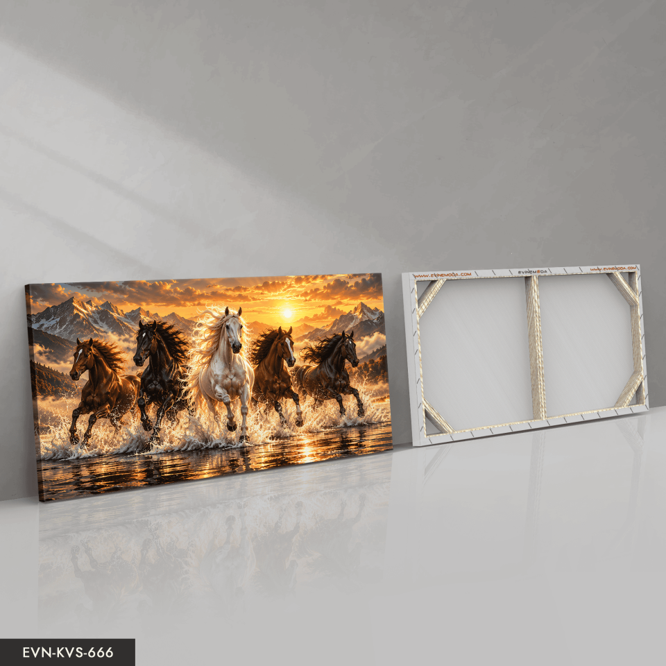 Dağ Manzaralı Koşan Atlar Ve Gündoğumu Tek Parça Işıksız Kanvas - Canvas Tablo