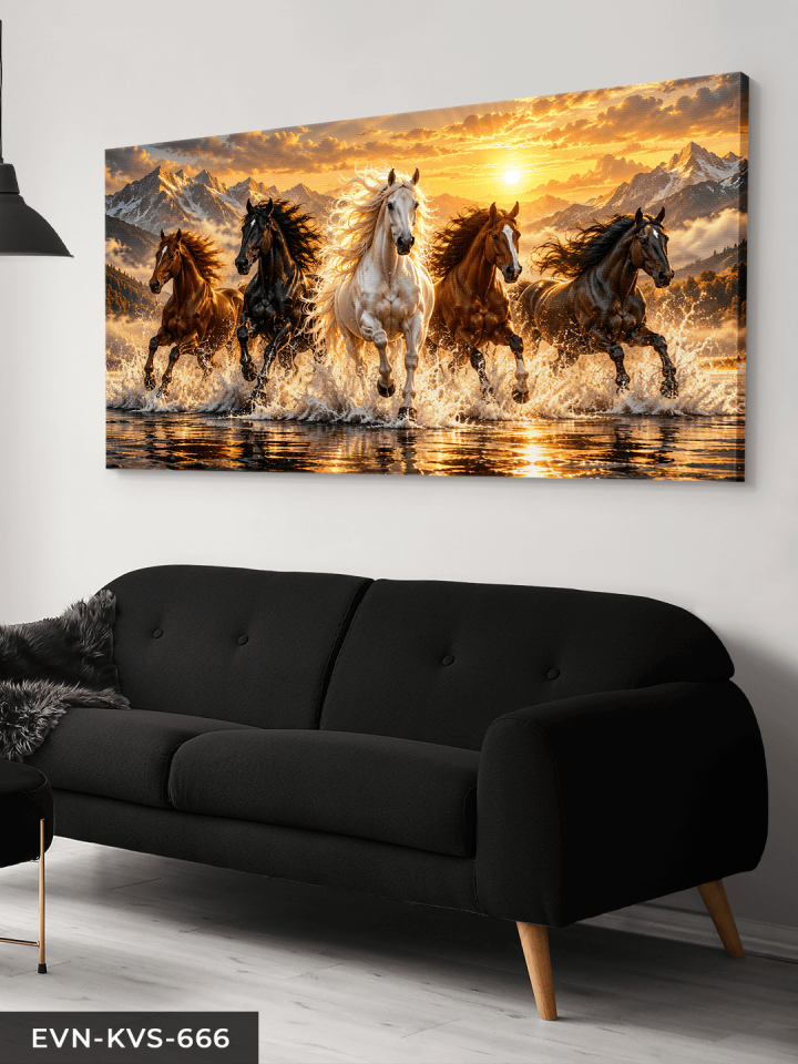 Dağ Manzaralı Koşan Atlar Ve Gündoğumu Tek Parça Işıksız Kanvas - Canvas Tablo