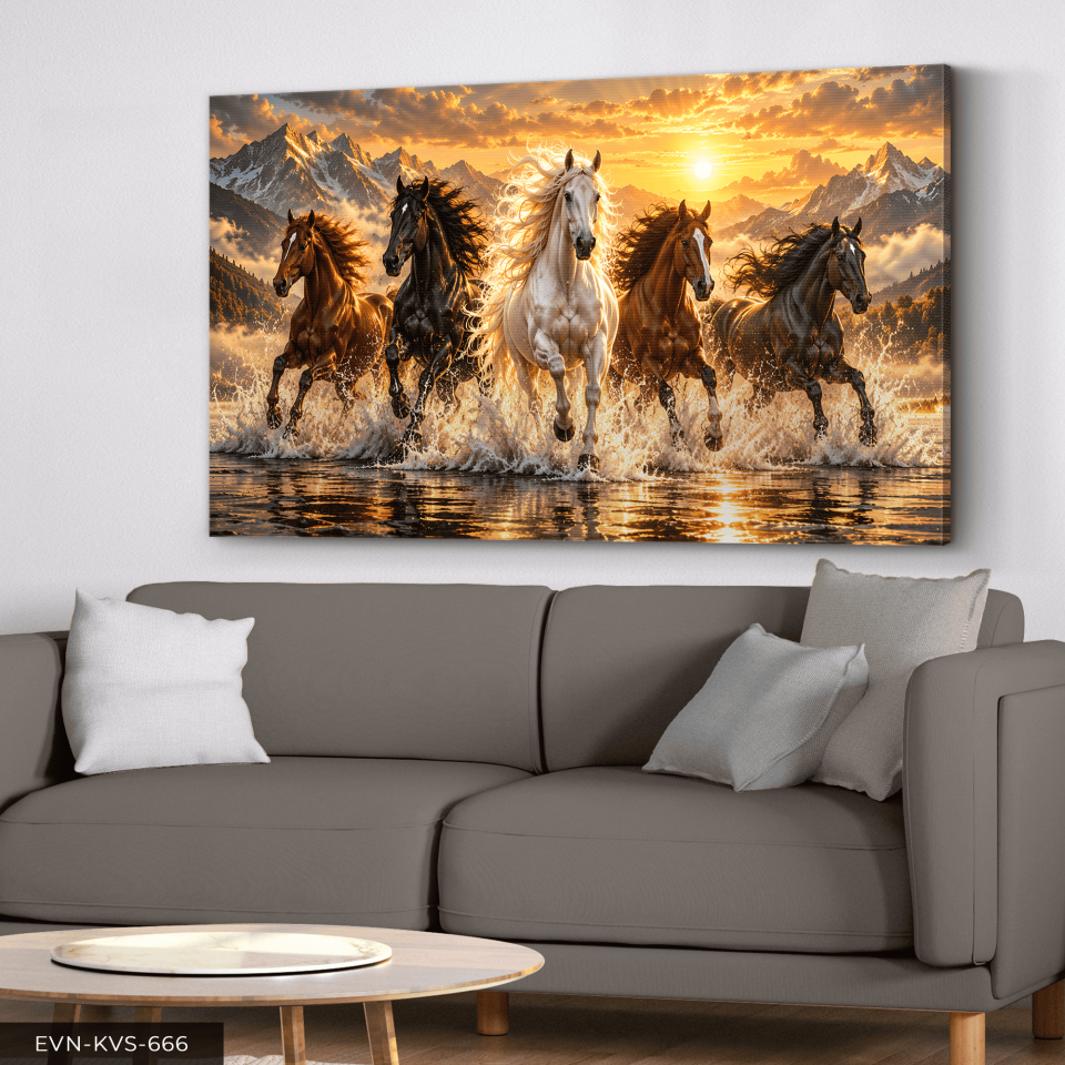 Dağ Manzaralı Koşan Atlar Ve Gündoğumu Tek Parça Işıksız Kanvas - Canvas Tablo