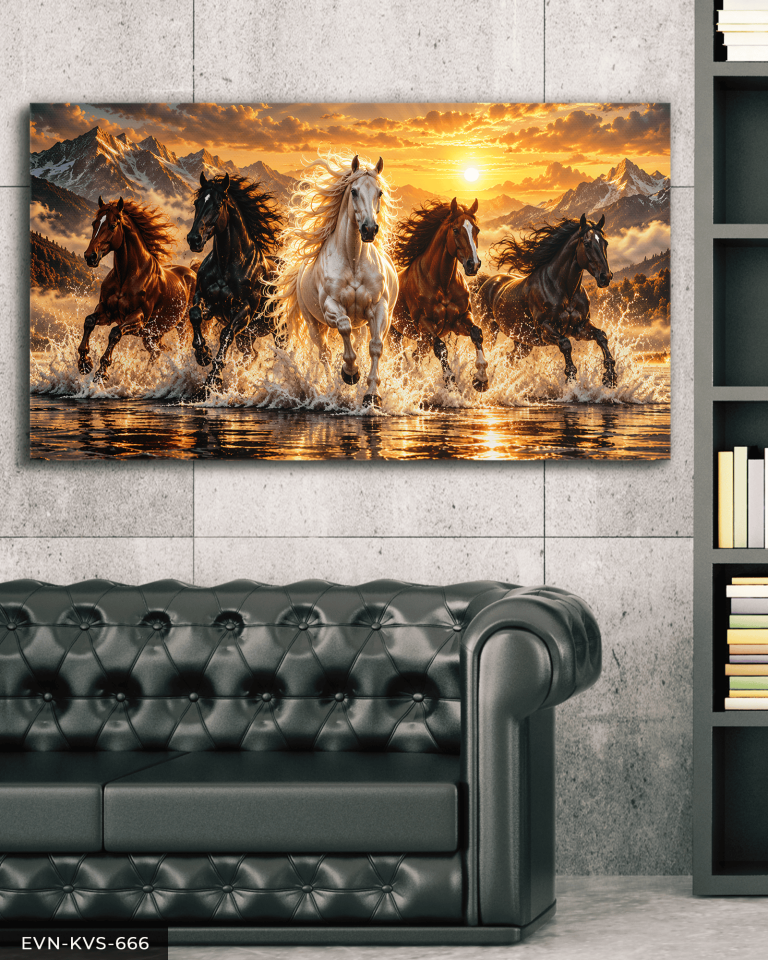 Dağ Manzaralı Koşan Atlar Ve Gündoğumu Tek Parça Işıksız Kanvas - Canvas Tablo