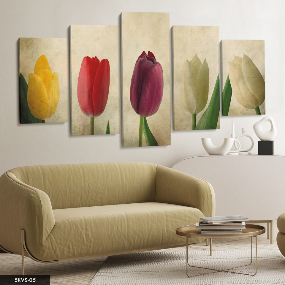 Renkli Laleler 5 Parça Kanvas - Canvas Tablo 70 x 125 CM