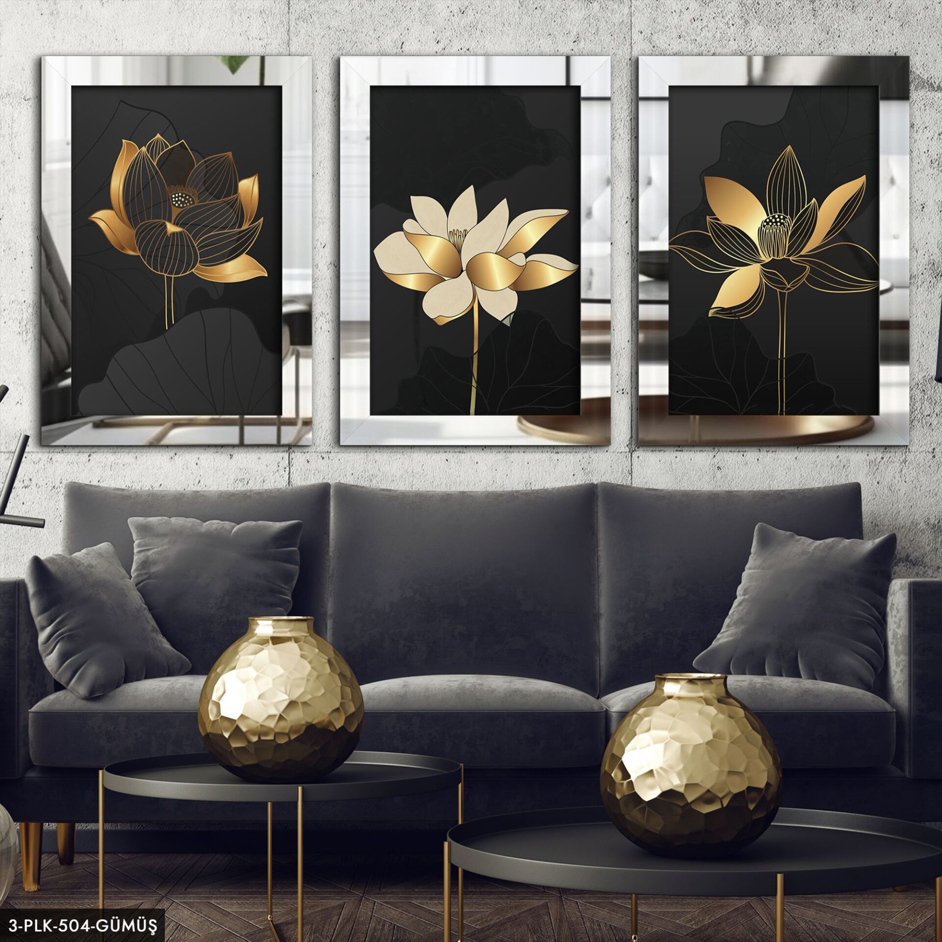 Soyut Çiçek 3 Parça Pleksi Aynalı Tablo 30 x 40 CM - Gümüş