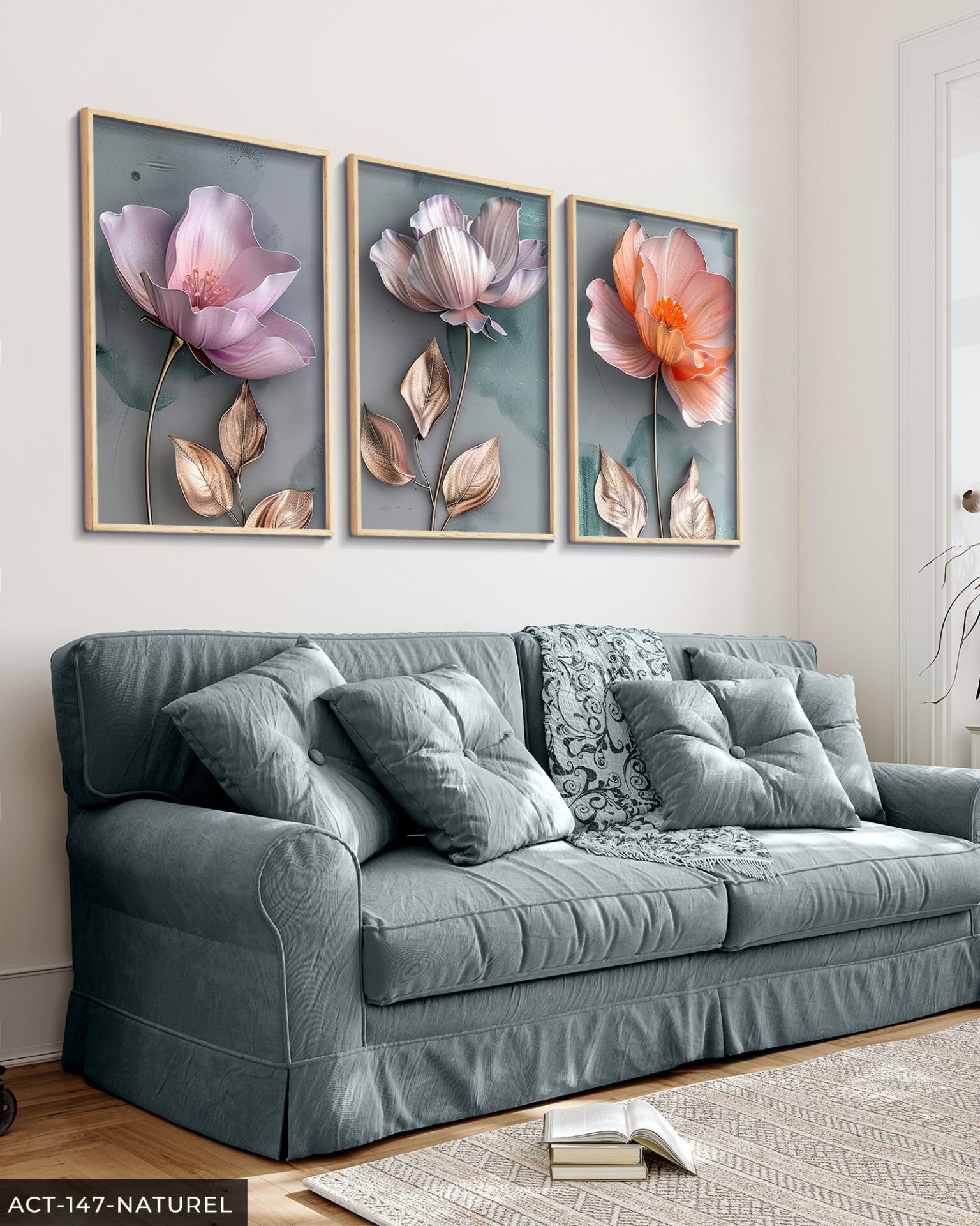 Gold Yapraklı Pembe ve Turuncu Çiçekler 3 Parça Ahşap Çerçeveli Tablo ACT Naturel - 40 x 60 CM