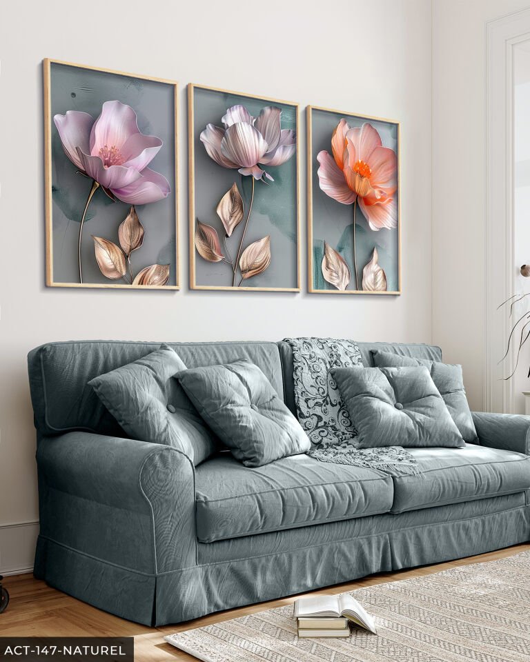 Gold Yapraklı Pembe ve Turuncu Çiçekler 3 Parça Ahşap Çerçeveli Tablo ACT Naturel - 40 x 60 CM