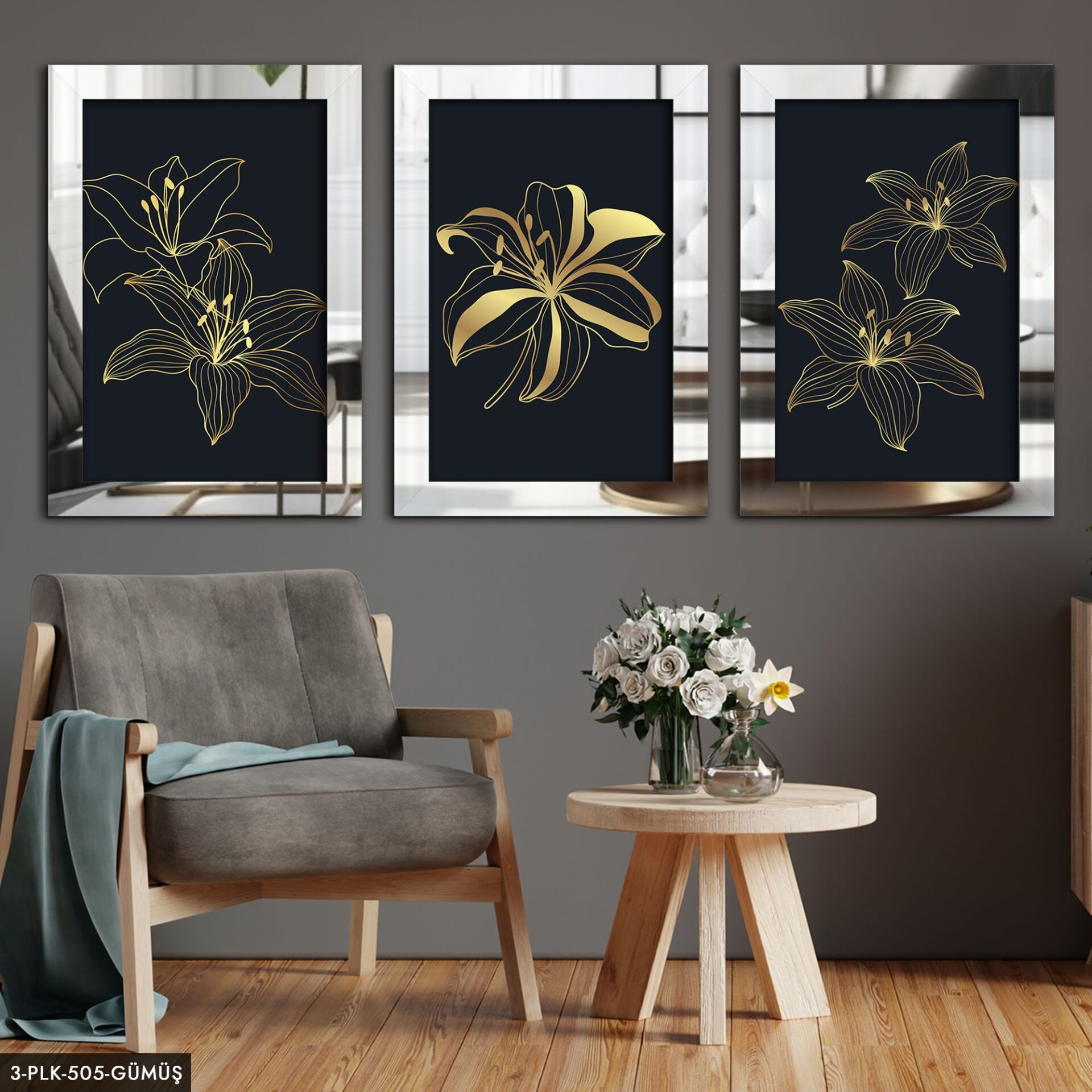 Çizim Çiçek 3 Parça Pleksi Aynalı Tablo 30 x 40 CM - Gümüş