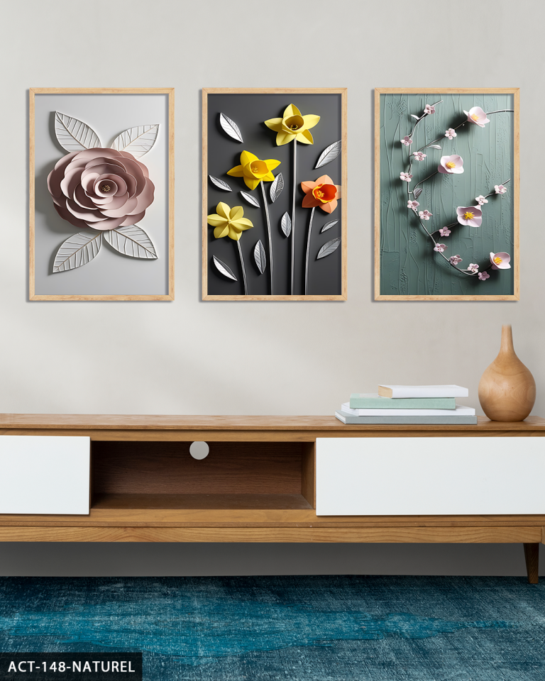 Zarif Sarı Çiçekler 3 Parça Ahşap Çerçeveli Tablo ACT Naturel - 40 x 60 CM