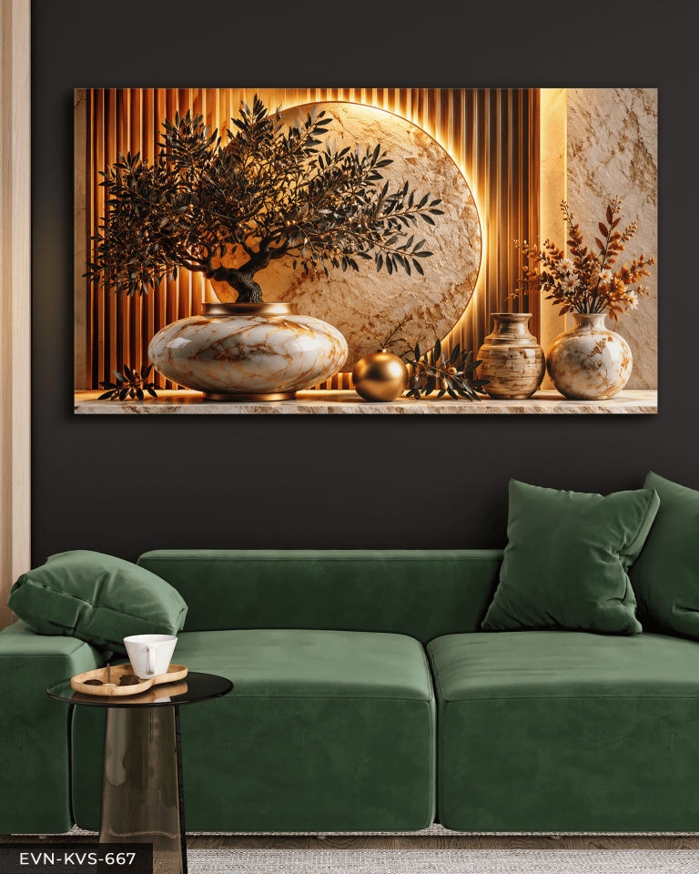 Altın Çember ve Vazoda Zeytin Dalı Tek Parça Işıksız Kanvas - Canvas Tablo