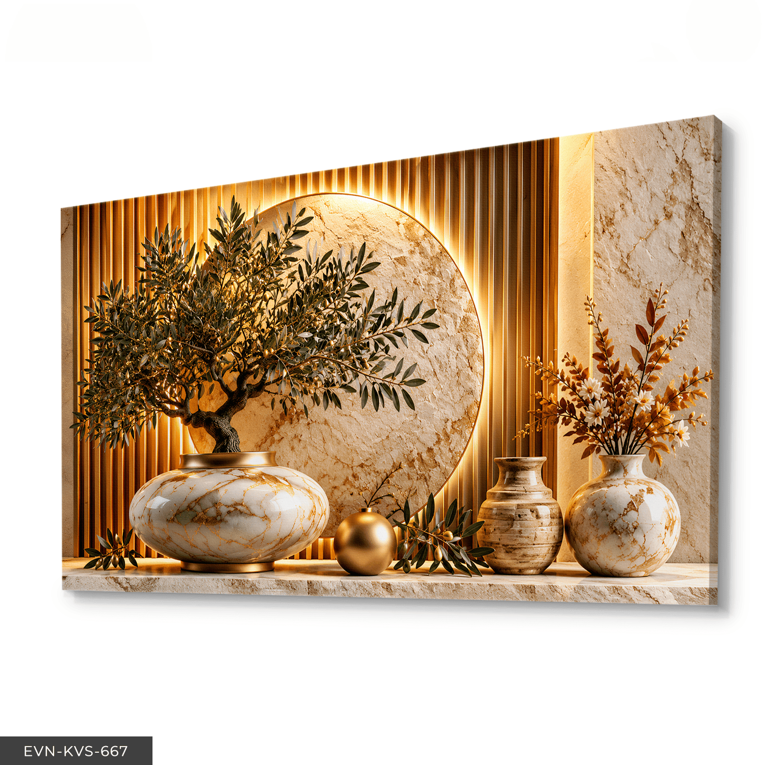 Altın Çember ve Vazoda Zeytin Dalı Tek Parça Işıksız Kanvas - Canvas Tablo