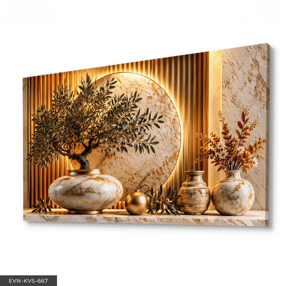 Altın Çember ve Vazoda Zeytin Dalı Tek Parça Işıksız Kanvas - Canvas Tablo
