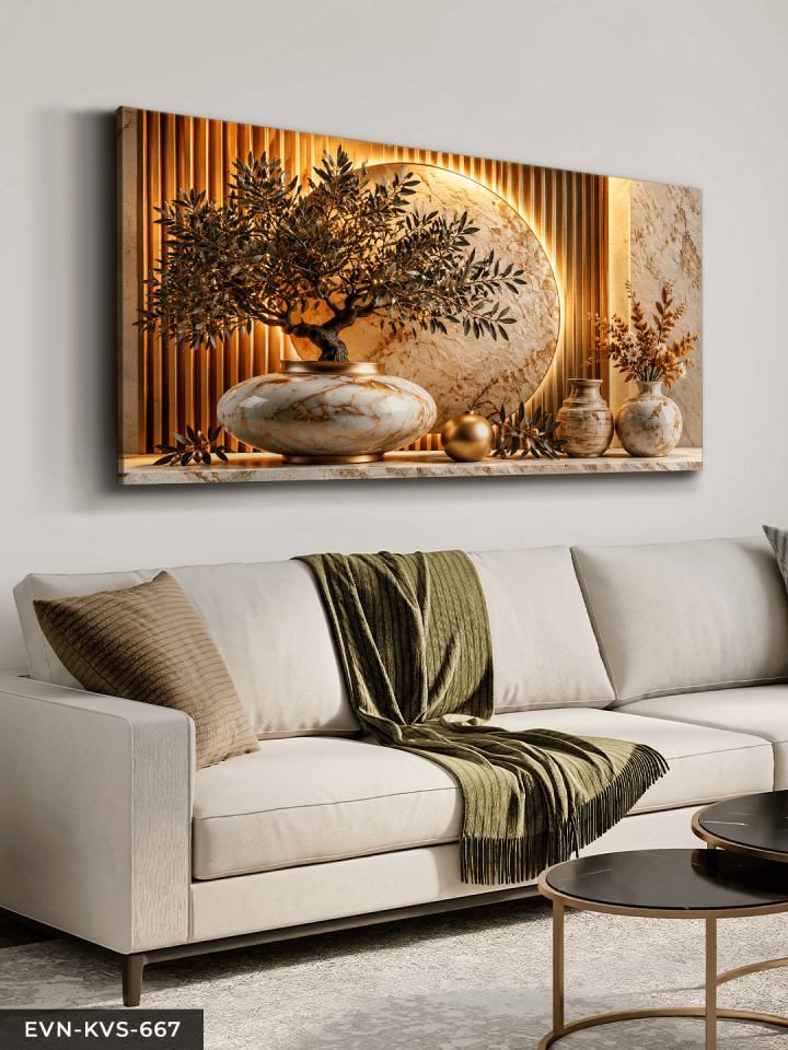 Altın Çember ve Vazoda Zeytin Dalı Tek Parça Işıksız Kanvas - Canvas Tablo