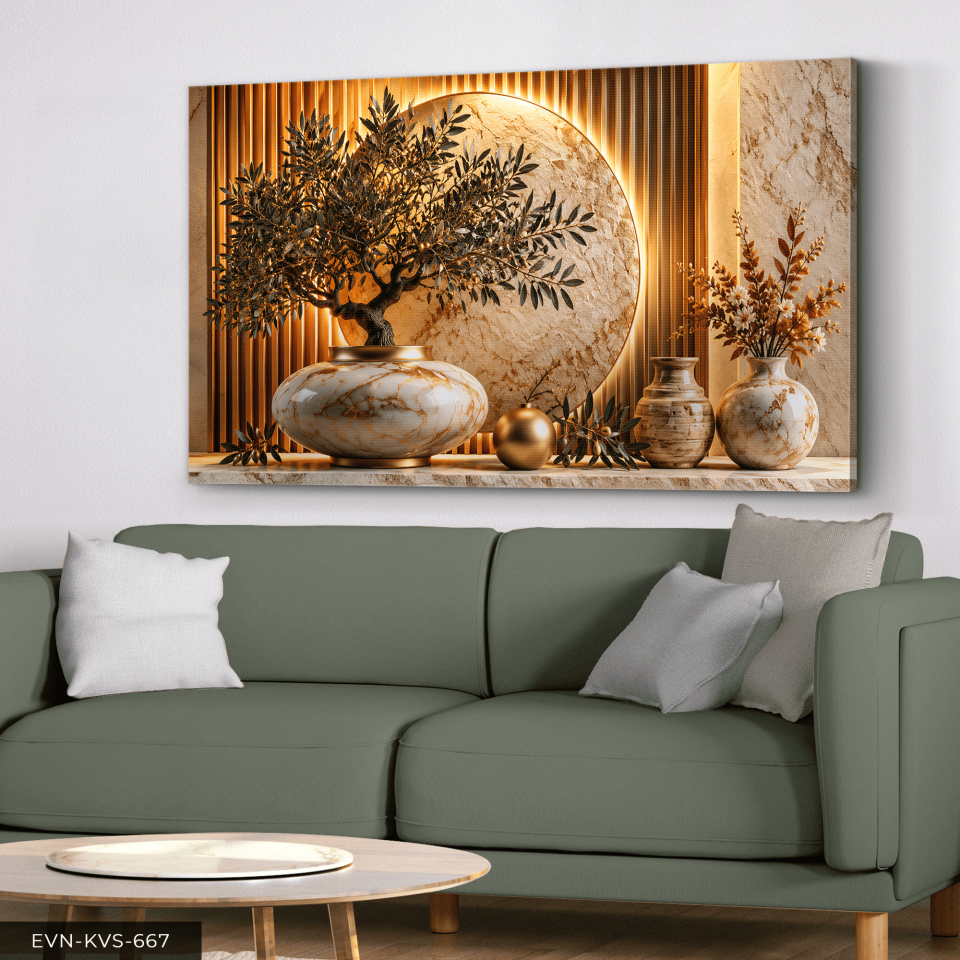 Altın Çember ve Vazoda Zeytin Dalı Tek Parça Işıksız Kanvas - Canvas Tablo