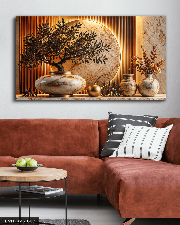 Altın Çember ve Vazoda Zeytin Dalı Tek Parça Işıksız Kanvas - Canvas Tablo