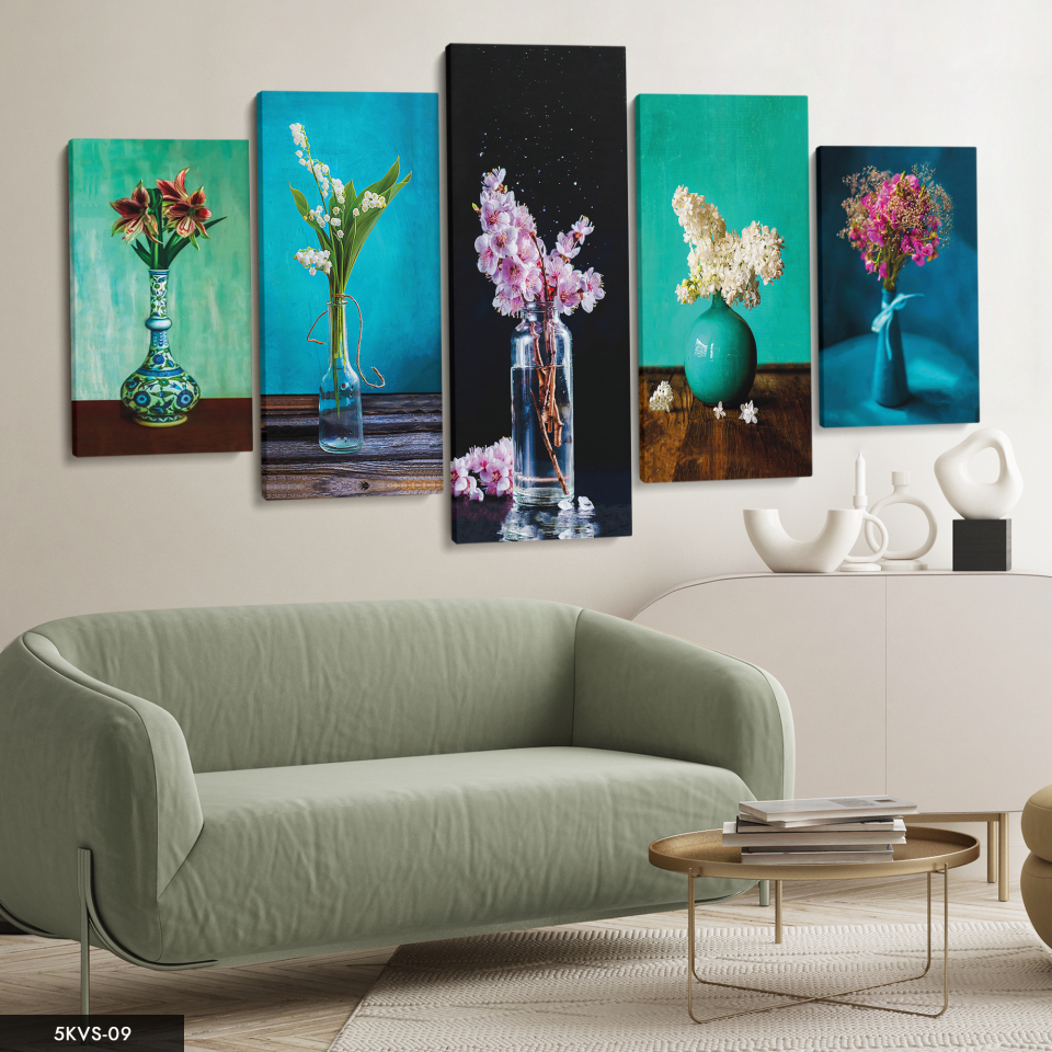 Vazo Renkli Çiçekler 5 Parça Kanvas - Canvas Tablo 70 x 125 CM