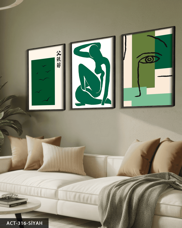 Matisse ve Picasso Tarzı 3 Parça Ahşap Çerçeveli Tablo ACT Siyah - 30 x 40 CM