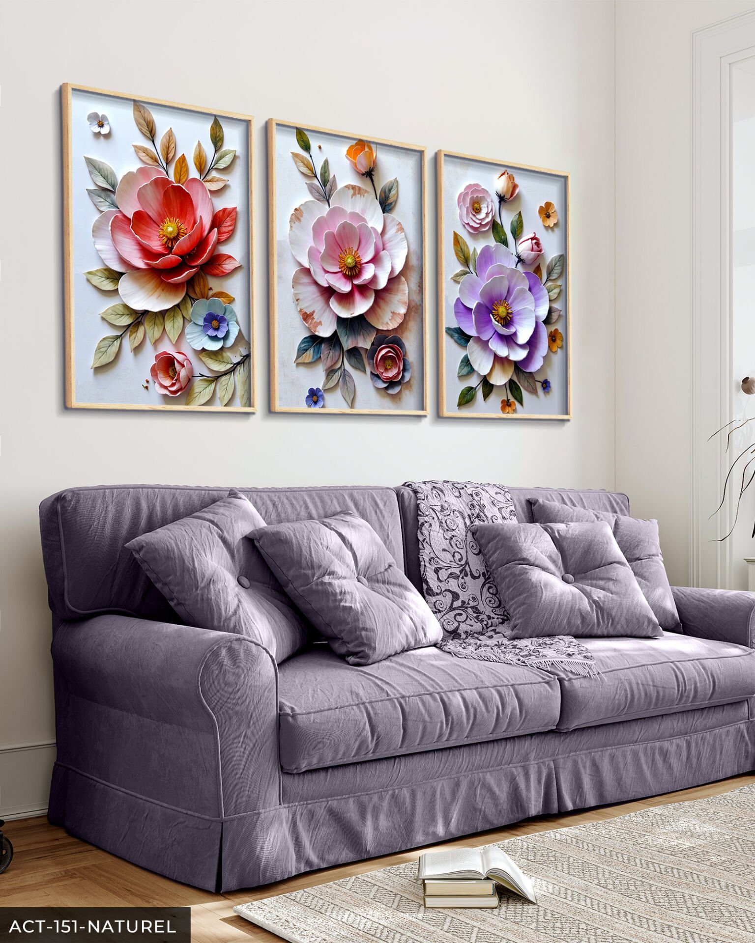 Renkli Çiçekler 3 Parça Ahşap Çerçeveli Tablo ACT Naturel - 40 x 60 CM