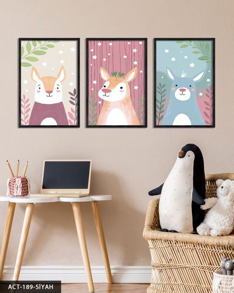 Hayvan Temalı Çocuk Odası 3 Parça Ahşap Çerçeveli Tablo ACT Siyah - 20 x 30 CM