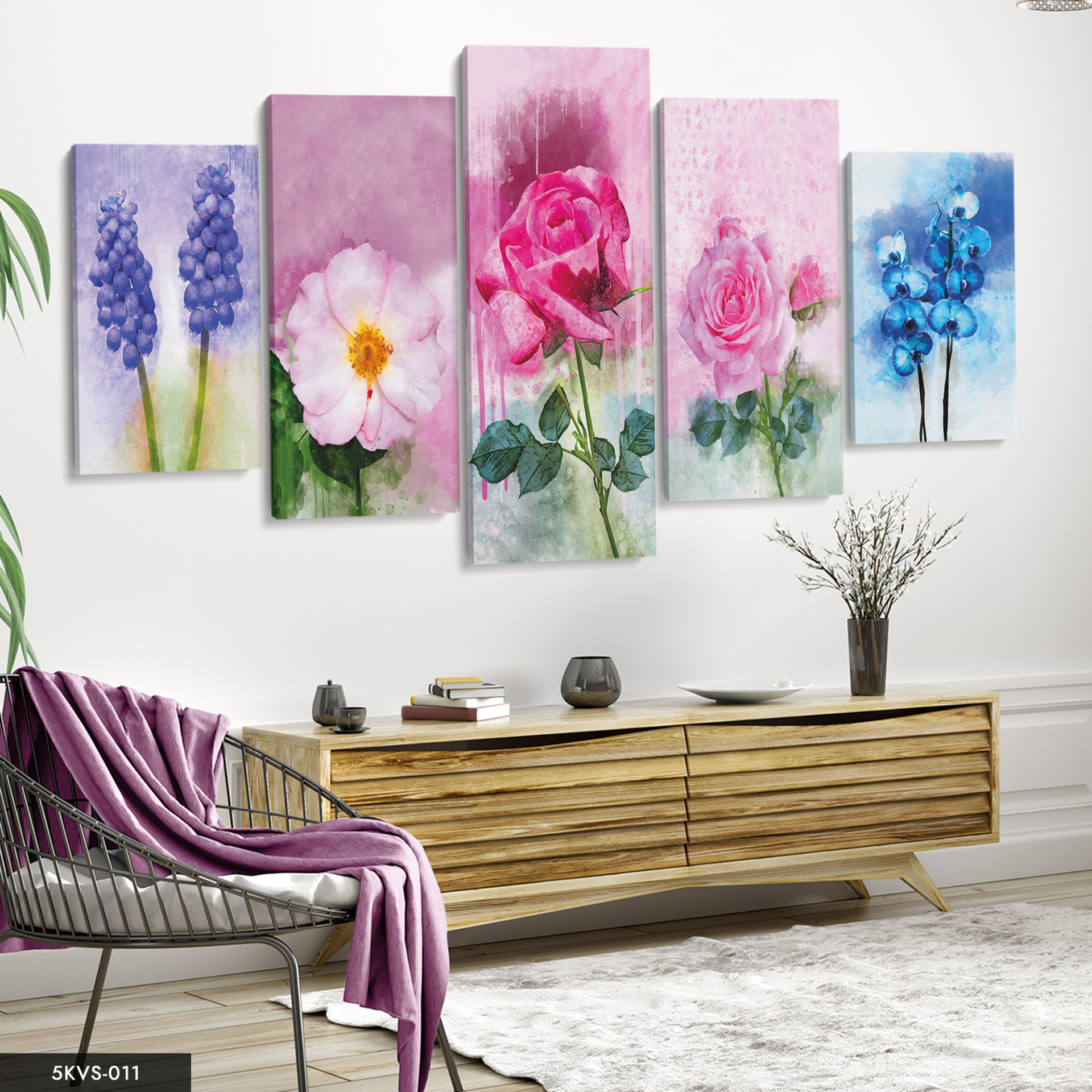 Renkli Çiçekler 5 Parça Kanvas - Canvas Tablo 70 x 125 CM