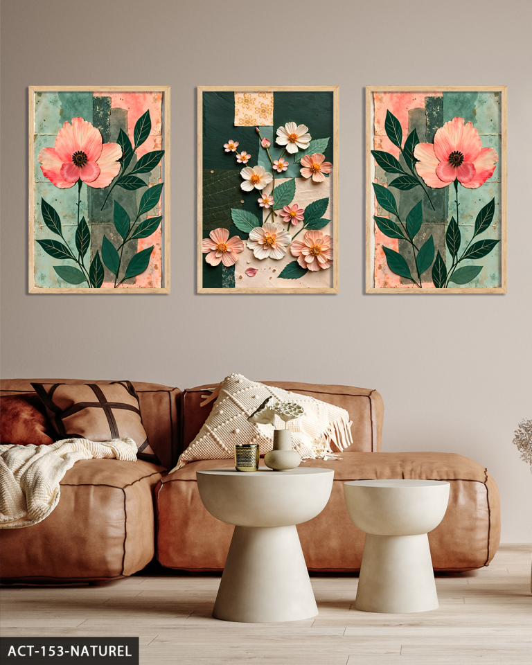 Renkli Zeminde Pembe Çiçekler 3 Parça Ahşap Çerçeveli Tablo ACT Naturel - 40 x 60 CM