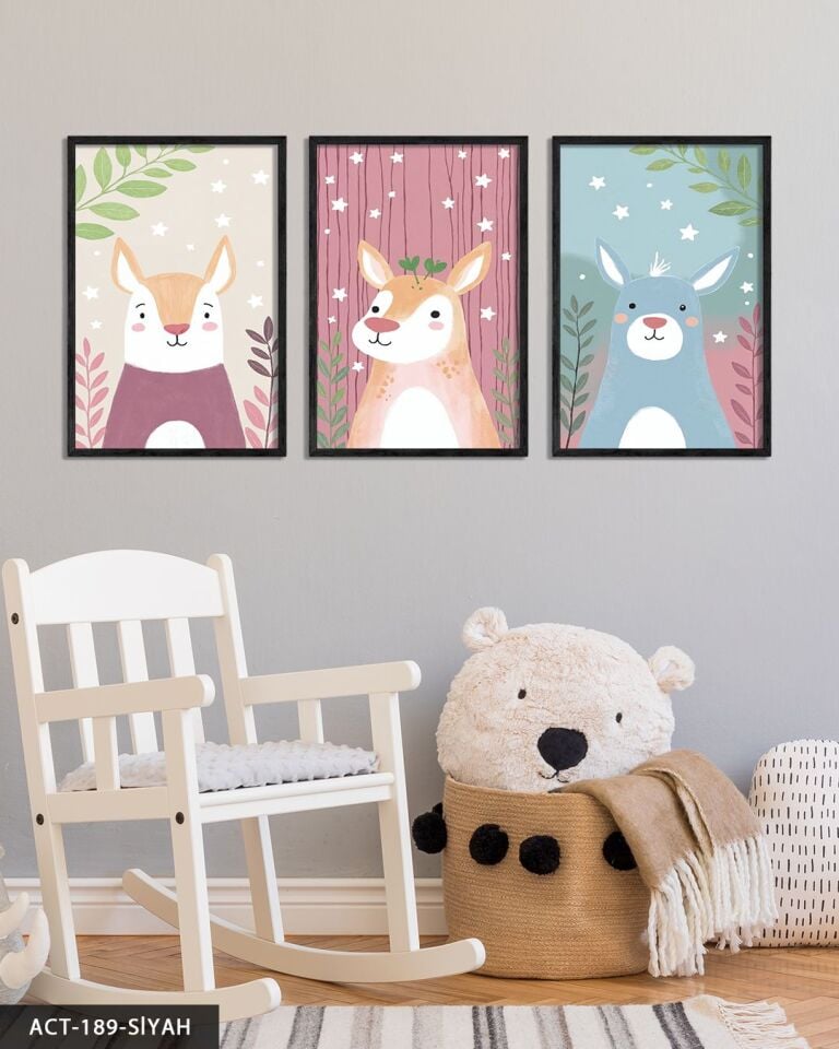 Hayvan Temalı Çocuk Odası 3 Parça Ahşap Çerçeveli Tablo ACT Siyah - 40 x 60 CM