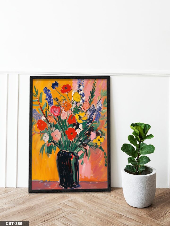 Canlı Renkli Çiçekler Tek Parça Ahşap Çerçeveli Tablo Siyah - 20 x 30 CM