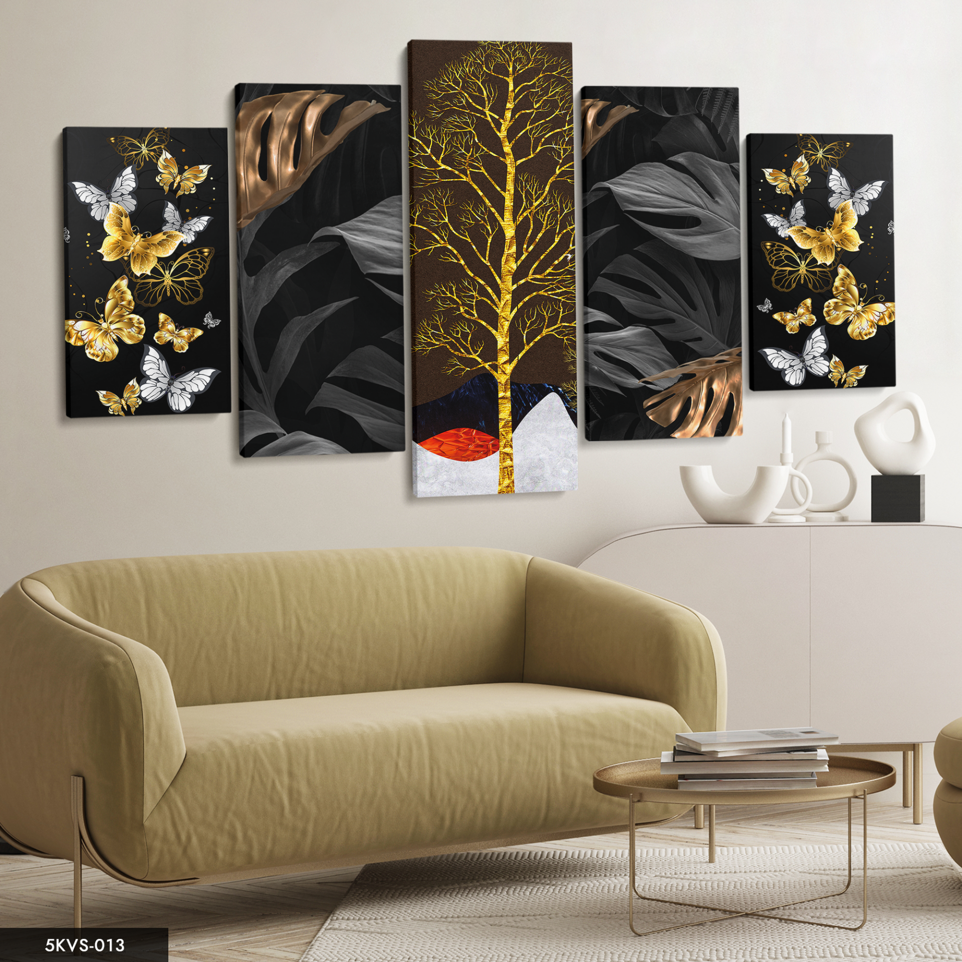 Kelebek Yapraklar Ağaç 5 Parça Kanvas - Canvas Tablo 70 x 125 CM