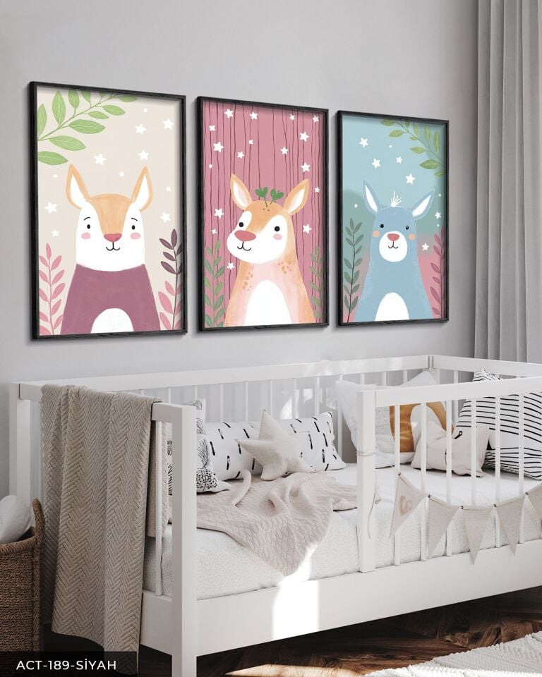 Hayvan Temalı Çocuk Odası 3 Parça Ahşap Çerçeveli Tablo ACT Siyah - 50 x 70 CM