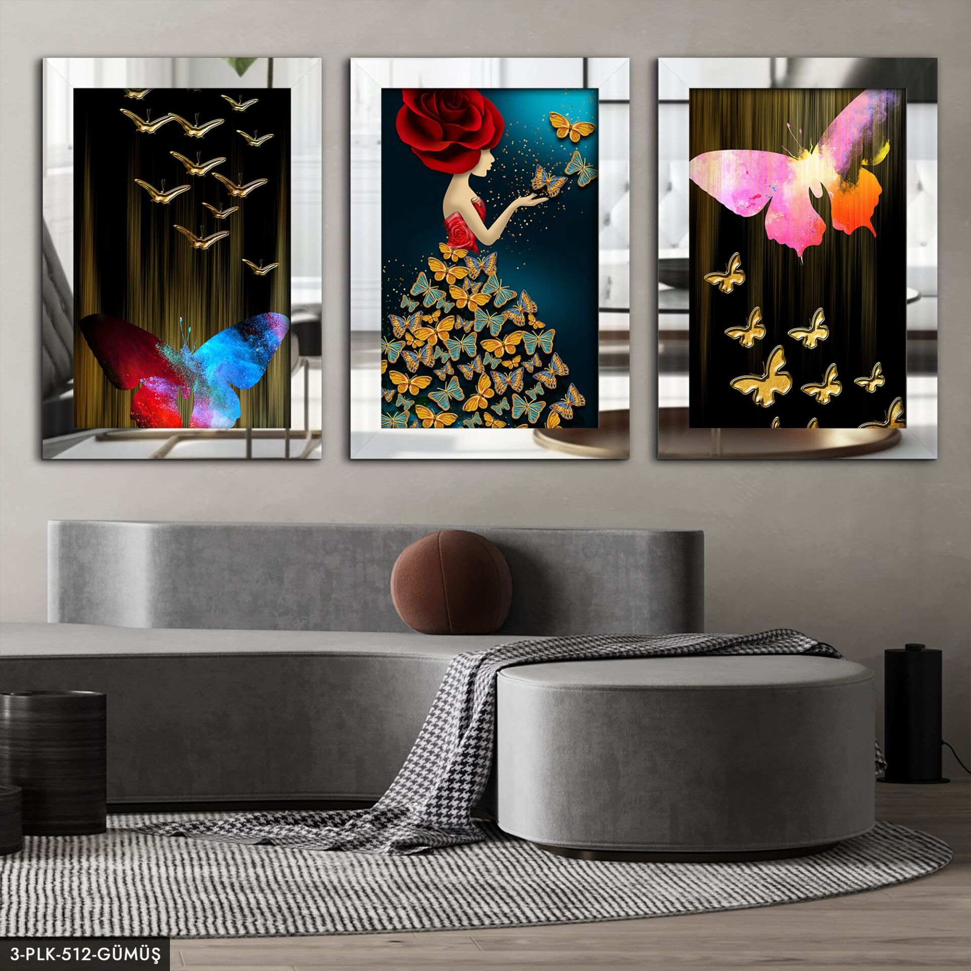 Kelebek Kadın 3 Parça Pleksi Aynalı Tablo 30 x 40 CM - Gümüş