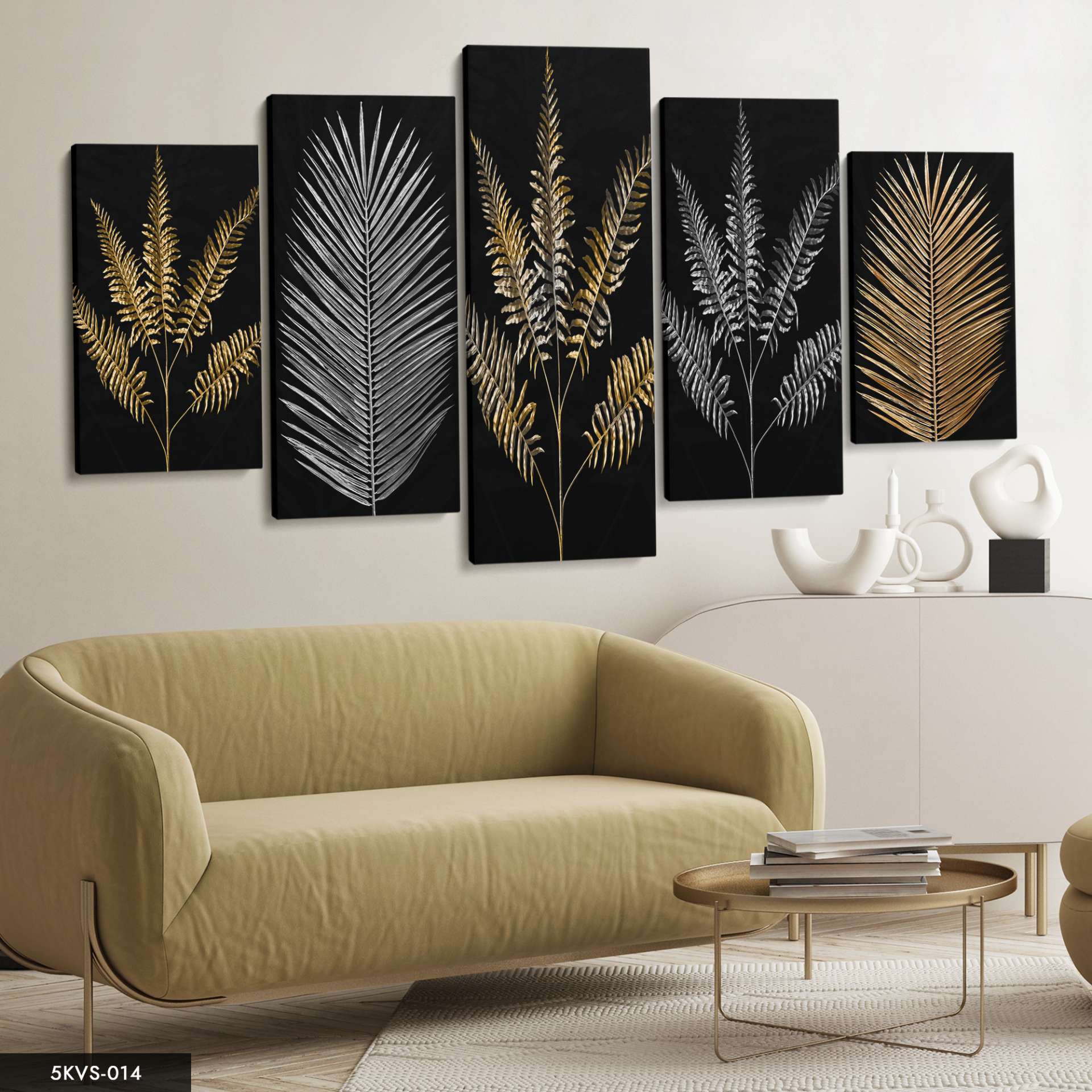 Gold Gümüş Dal 5 Parça Kanvas - Canvas Tablo 70 x 125 CM