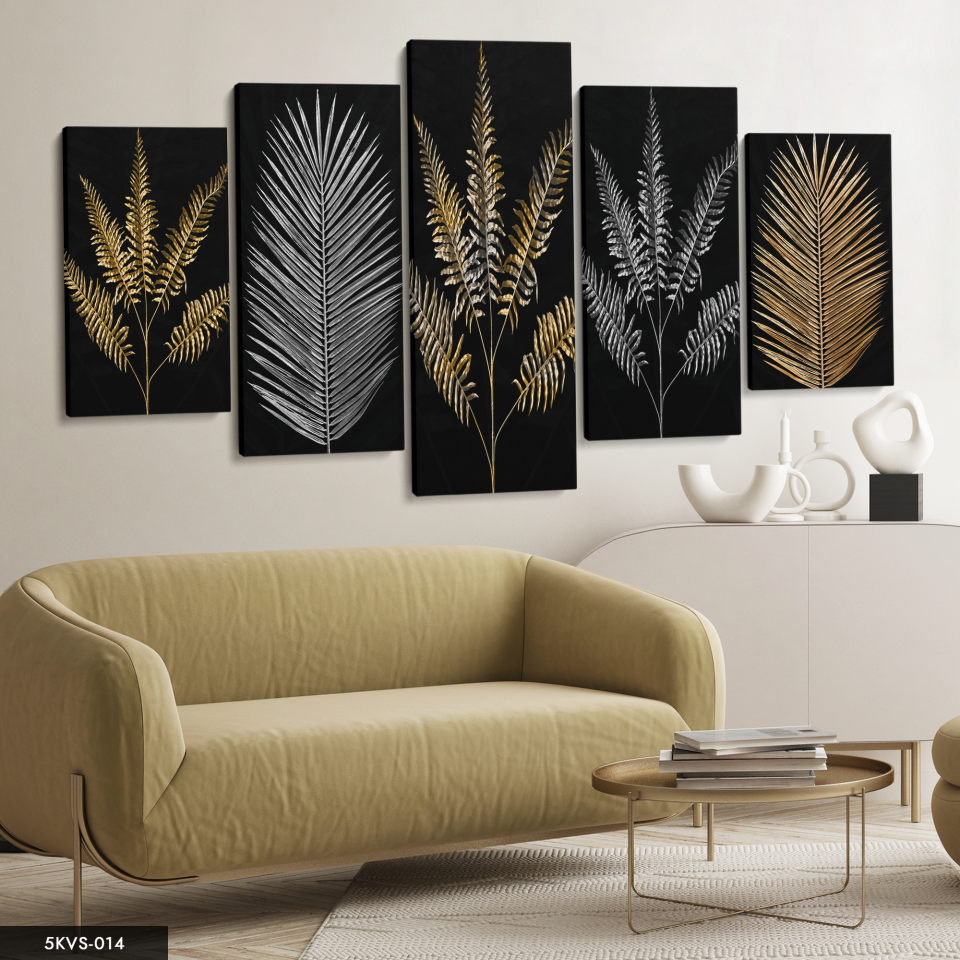 Gold Gümüş Dal 5 Parça Kanvas - Canvas Tablo 70 x 125 CM