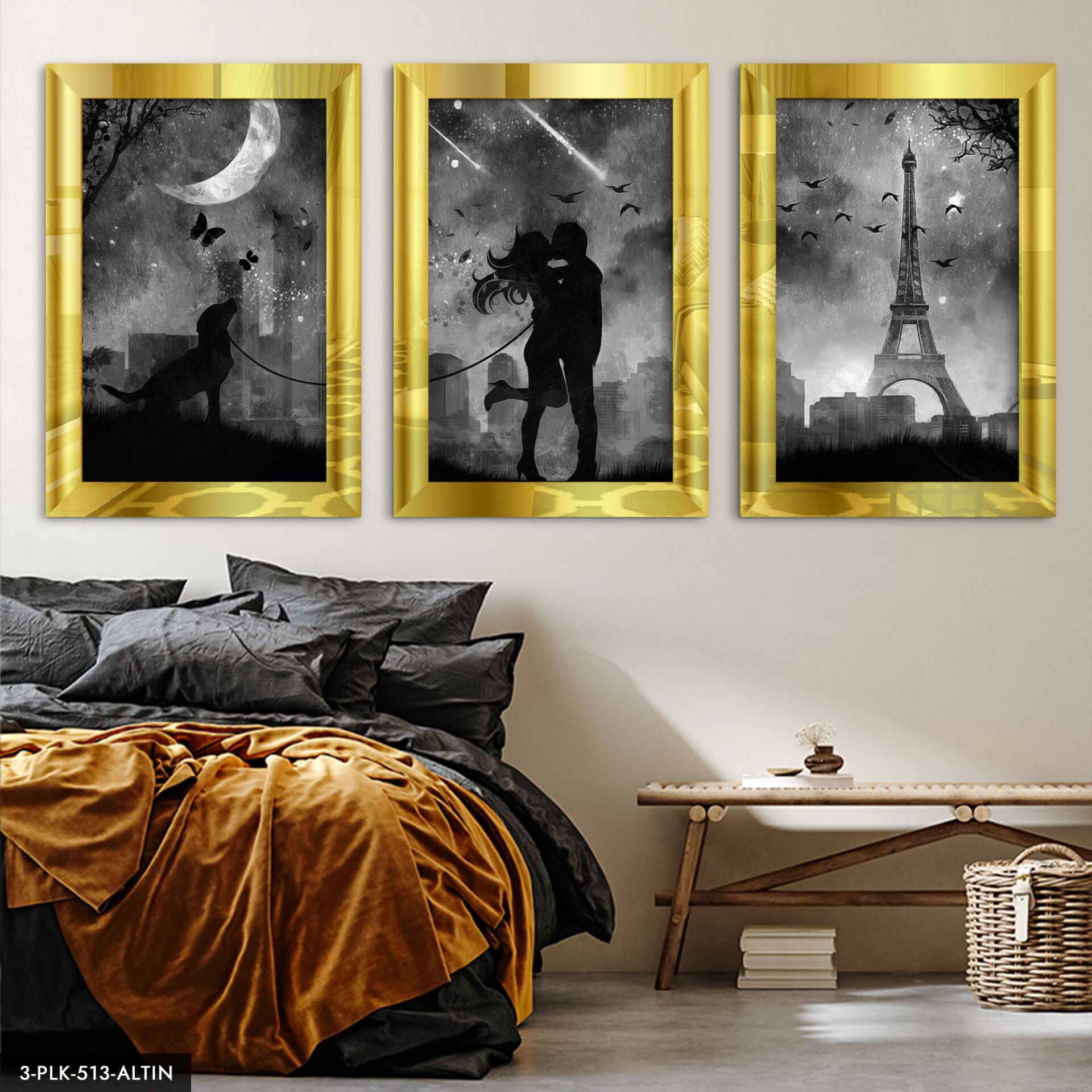 Aşk Eyfel Kulesi 3 Parça Pleksi Aynalı Tablo 30 x 40 CM - Gold