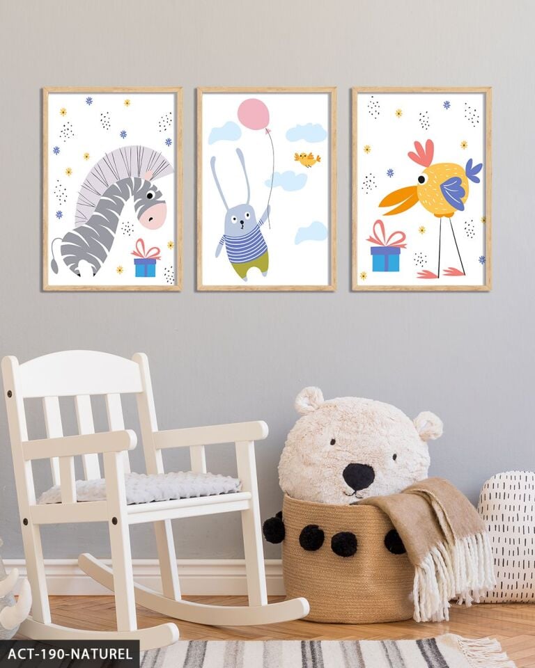 Sevimli Zebra Tavşan ve Kuş 3 Parça Ahşap Çerçeveli Tablo ACT Naturel - 20 x 30 CM