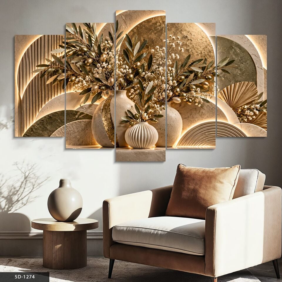 Yuvarlak Desenler ve Gold Zeytin Dalı 5 Parçalı MDF Tablo