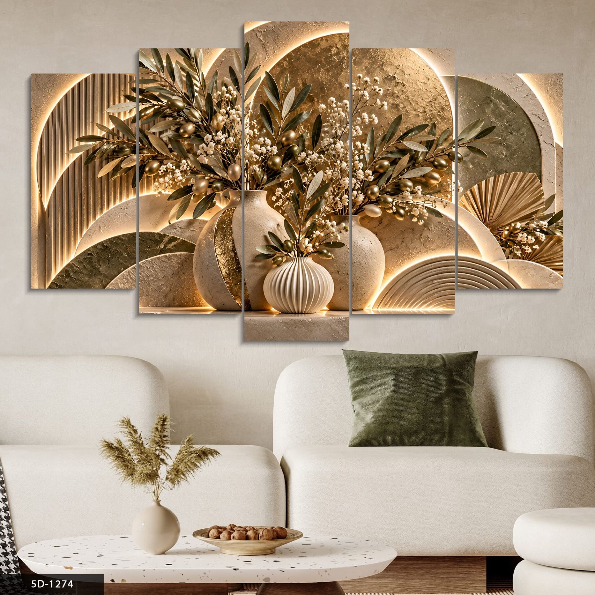Yuvarlak Desenler ve Gold Zeytin Dalı 5 Parçalı MDF Tablo