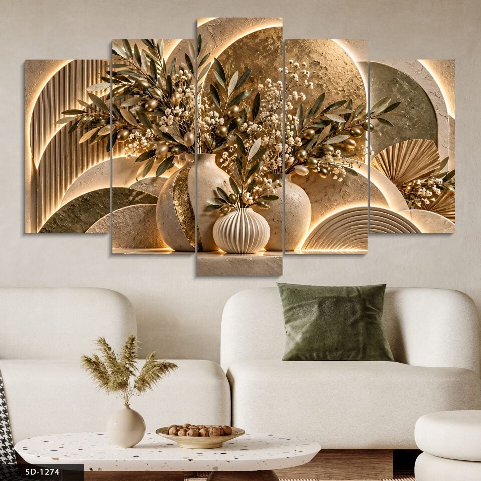 Yuvarlak Desenler ve Gold Zeytin Dalı 5 Parçalı MDF Tablo