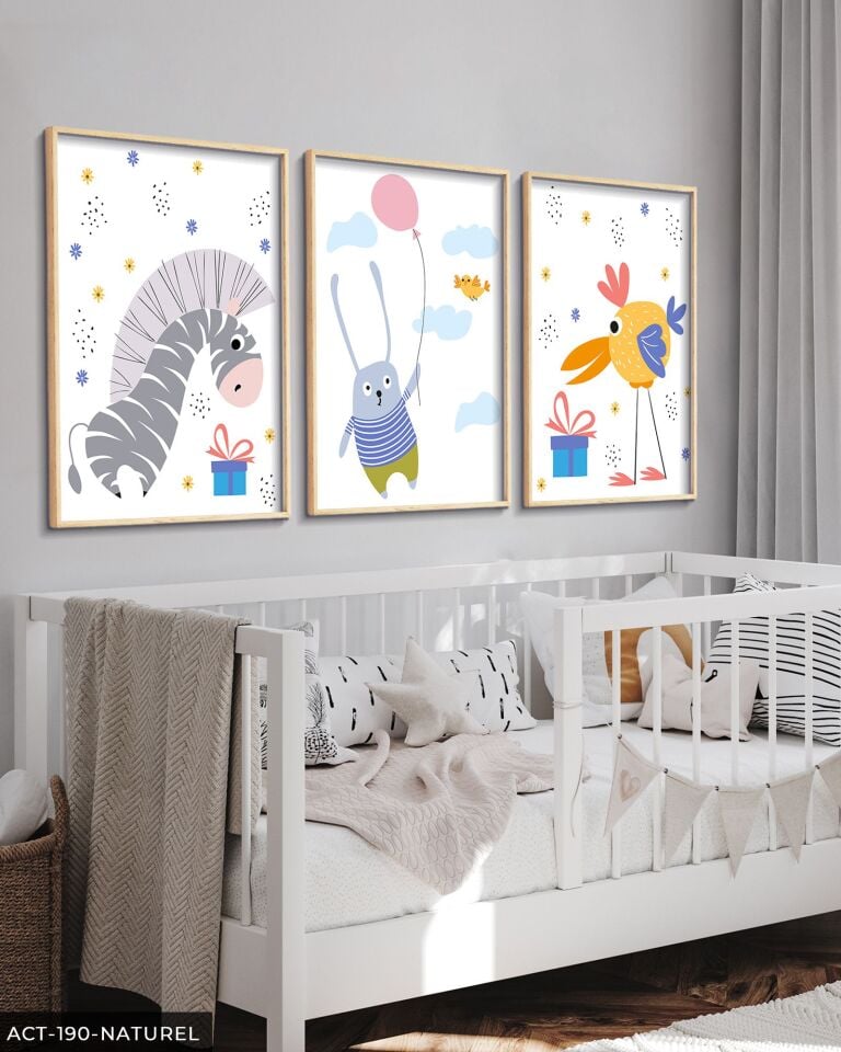 Sevimli Zebra Tavşan ve Kuş 3 Parça Ahşap Çerçeveli Tablo ACT Naturel - 40 x 60 CM