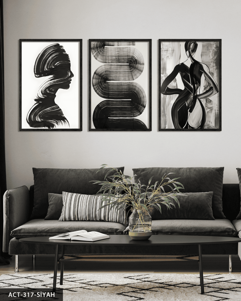 Fırça Drabeleri Kadın Silüeti 3 Parça Ahşap Çerçeveli Tablo ACT Siyah - 30 x 40 CM