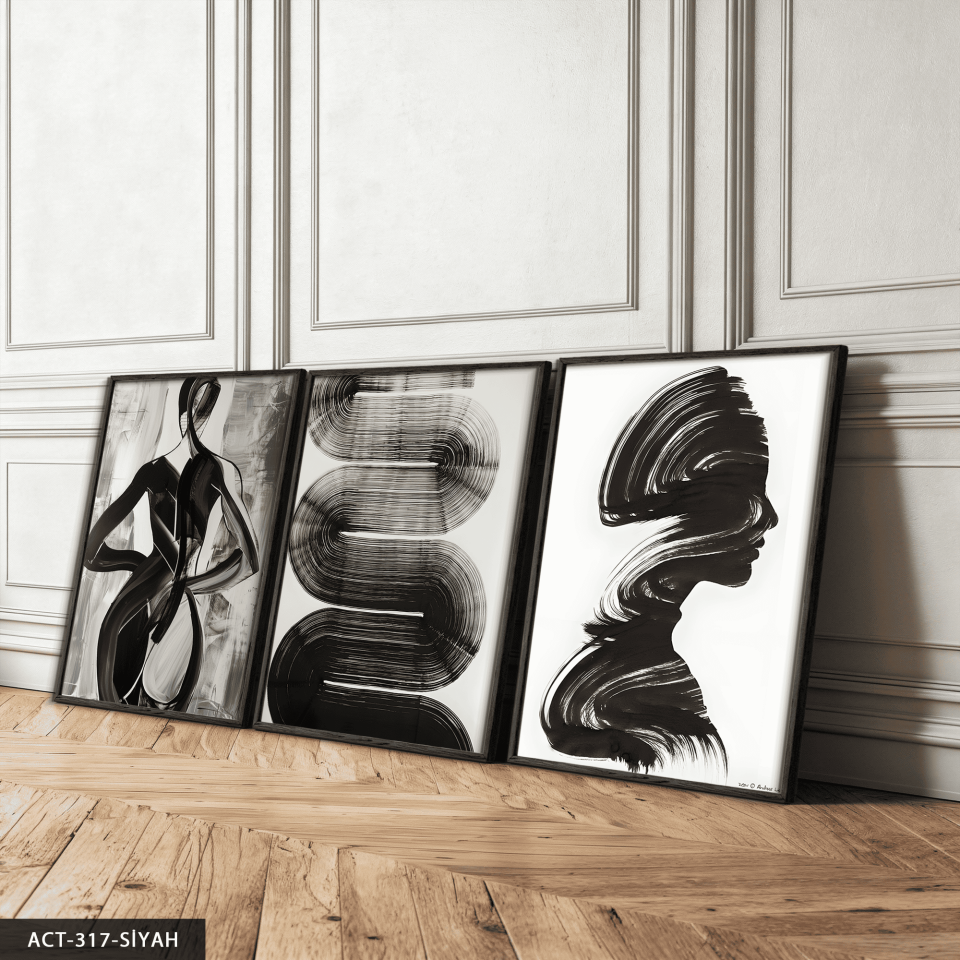 Fırça Drabeleri Kadın Silüeti 3 Parça Ahşap Çerçeveli Tablo ACT Siyah - 30 x 40 CM