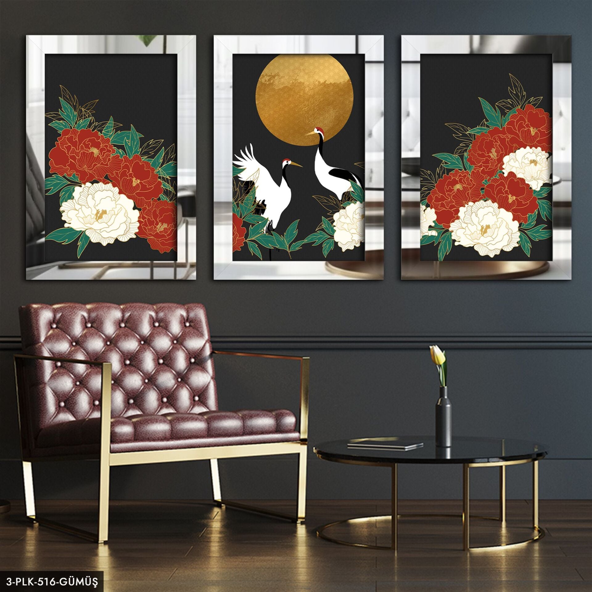 Çiçek 3 Parça Pleksi Aynalı Tablo 30 x 40 CM - Gümüş