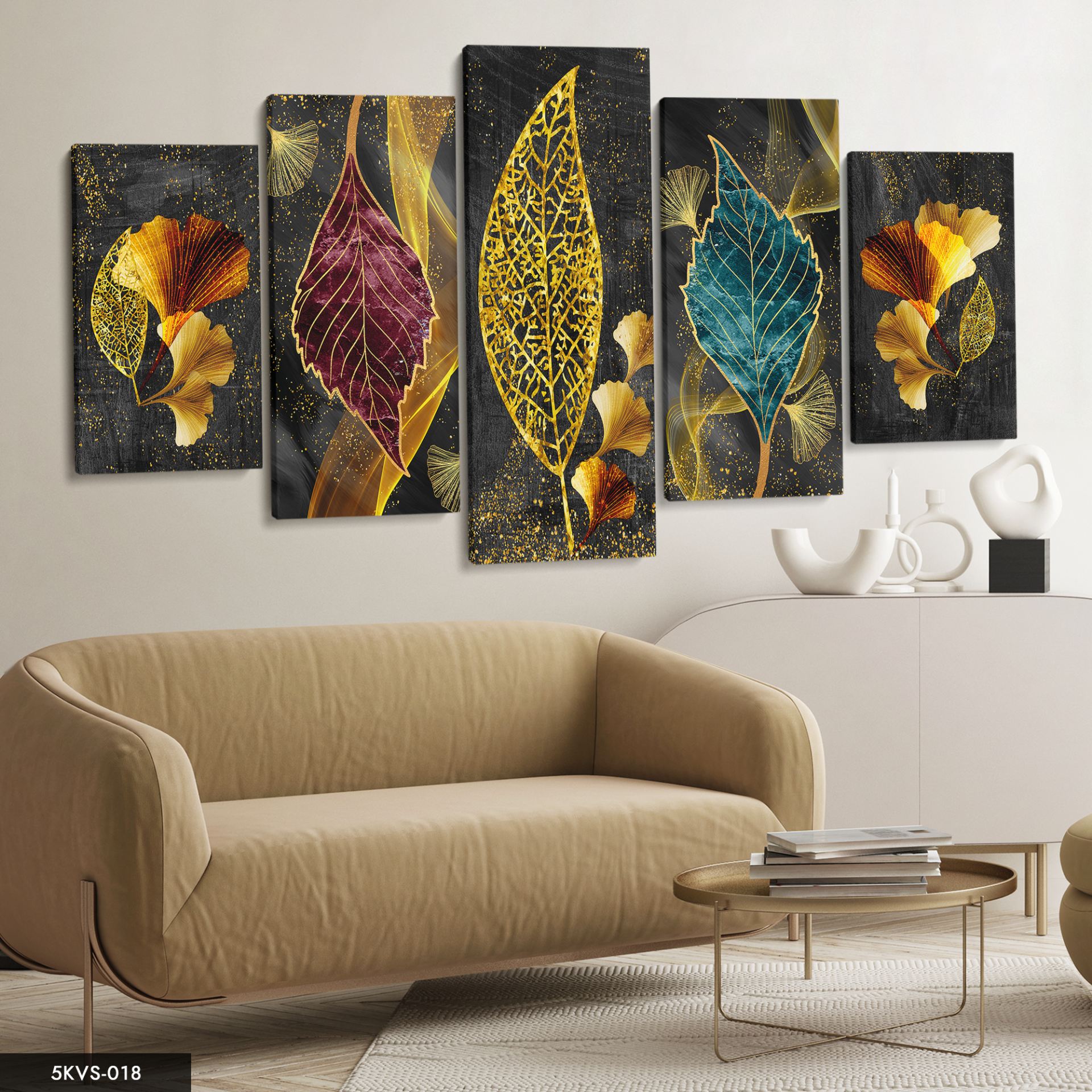 Renkli Yapraklar 5 Parça Kanvas - Canvas Tablo 70 x 125 CM