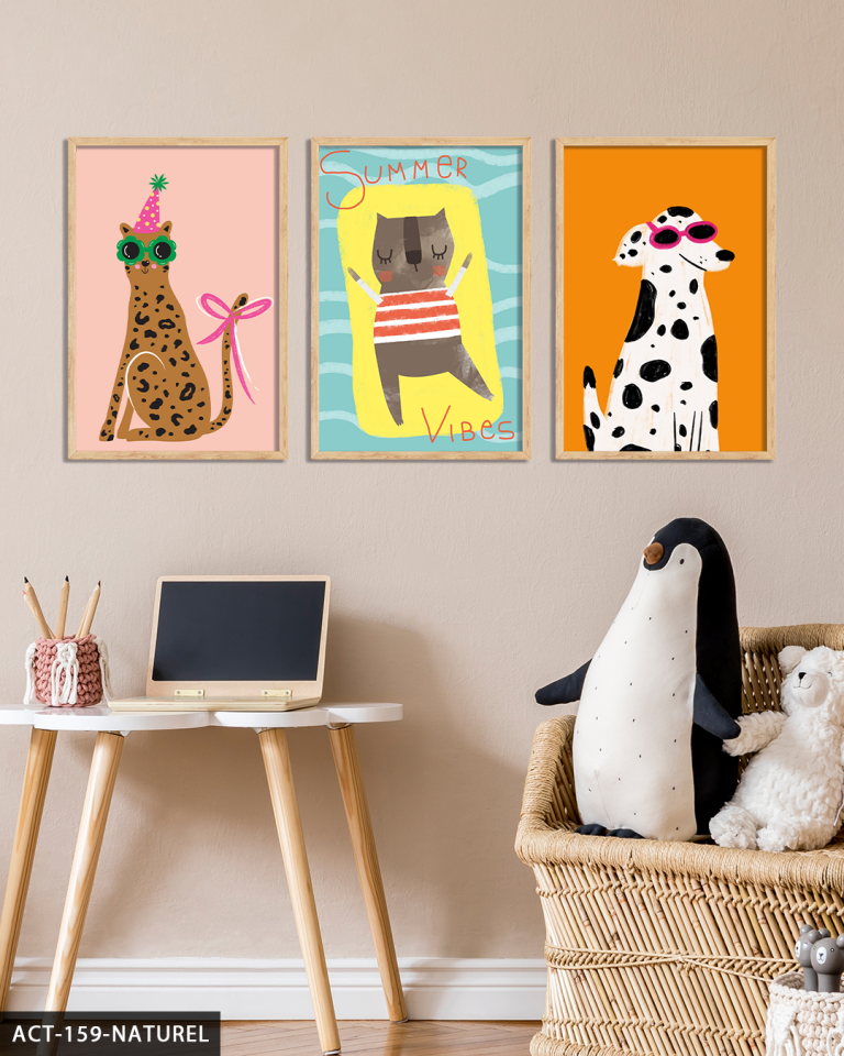 Eğlenceli Hayvanlar 3 Parça Ahşap Çerçeveli Tablo ACT Naturel - 40 x 60 CM