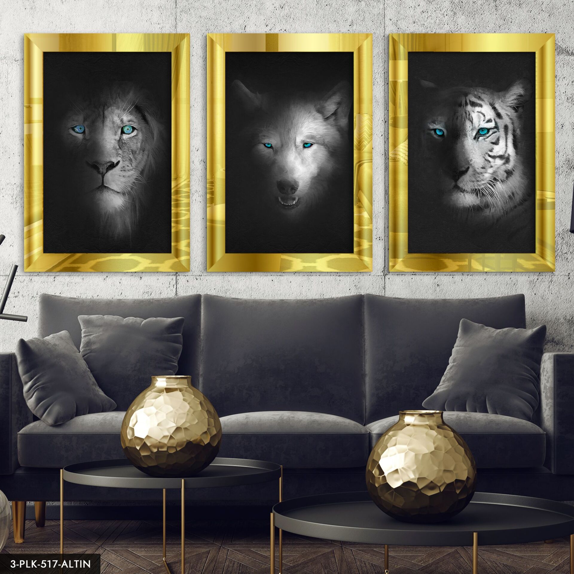 Aslan Kaplan Kurt 3 Parça Pleksi Aynalı Tablo 30 x 40 CM - Gold